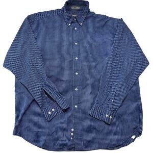 Vintage Eddie Bauer Men Button Up Shirt Size L Blue Plaid 100% Cotton FLAW